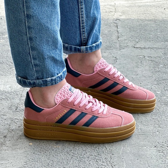 Adidas Bubblegum Pink and Navy Gazelle Rubber Sole Stacked Sneakers - Picture 1 of 3